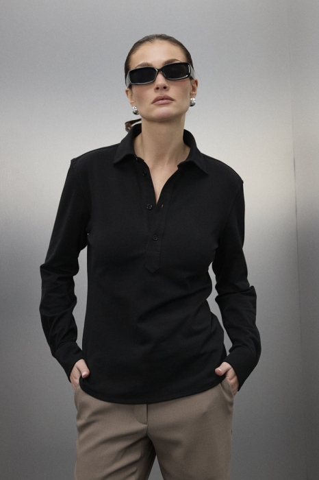 Czarne longsleeve polo Class – bawełniana koszulka z długim rękawem, przód